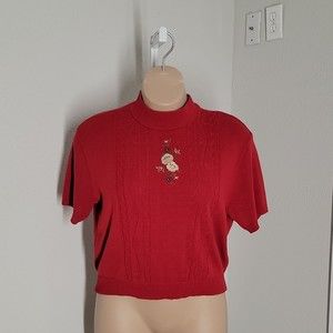 Nikki Knit Cute Sweater Blouse ~ Sz XL ~ Red ~ Short Sleeve ~ Mock Neck